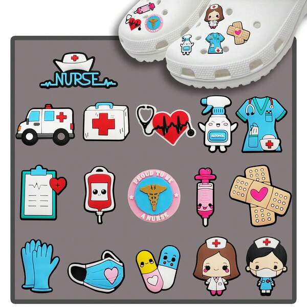 16pcs Medical Series, Medical Board, Medical Staff, Nurse, Medicine Box, Ambulance, Medical Mask, Medical Blood Bag PVC Shoe Charms, Clock Charms, Cute Medical Care Series Rubber Shoe Charms, Suitable For Clogs, Party Must-Have Shoes, Flower: Illuminate All Steps Style