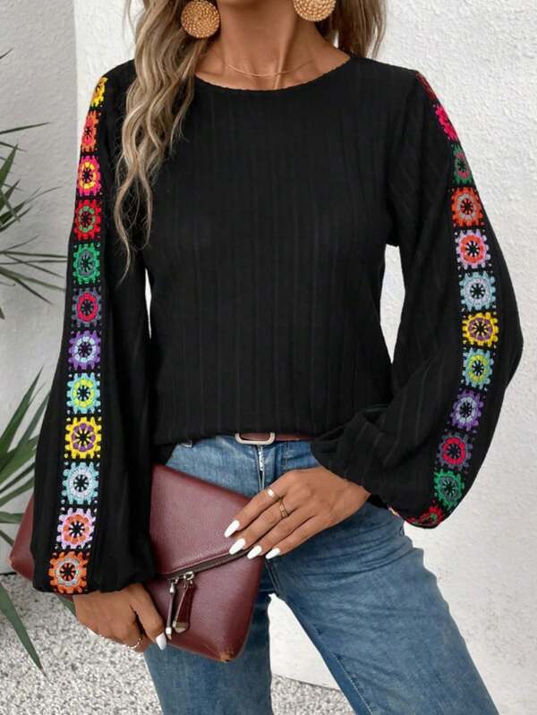 Women's Crochet Patchwork Crew Neck Loose T-Shirt, Versatile Long Sleeve