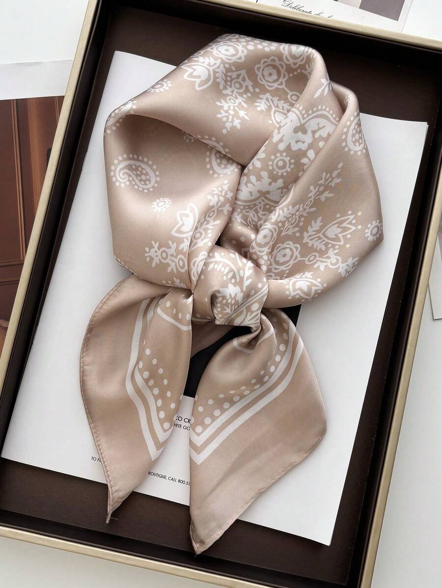1条方形真丝围巾，女士缎面印花发带，头巾，时尚头巾，披肩，颈巾，发带，服装配饰 - 卡其腰果 - 查看 1