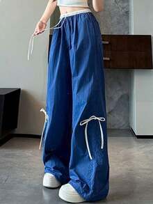 Pantalones anchos con cordón ajustable para mujer, de corte holgado e inspirados en la moda urbana, con trabillas y bolsillos, confeccionados en tejido de poliéster con detalle de lazo. - Azul oscuro - Ver 3