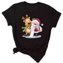 Maycaur Fashion Women's Tops Tee Women Merry Christmas Holiday Tshirts Funny Cartoon Santa Reindeer Printed Black T Shirt Female - 黑色 - 查看 1