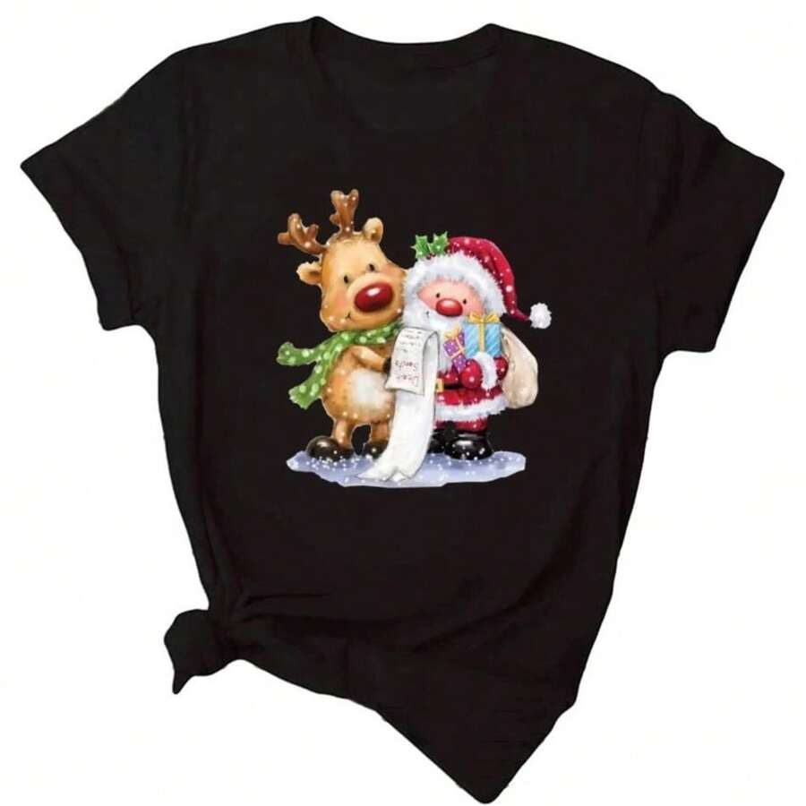 Maycaur Fashion Women's Tops Tee Women Merry Christmas Holiday Tshirts Funny Cartoon Santa Reindeer Printed Black T Shirt Female - 黑色 - 查看 1