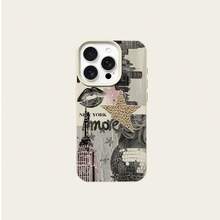 1pc TPU Vintage Architecture & Lip Print Star Lamp Mosaic Pattern Phone Case For IPhonnmi - White - View 5