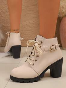 Giày bốt thanh lịch, giày bốt cao gót buộc dây có khóa trang trí, hoàn hảo để kết hợp với váy và quần - Màu be - Xem 5