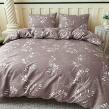 3pcs Set White Leaf & Coffee Floral Plant Print Duvet Cover Set, Tea Talk Coffee (2*Pillowcase, 1*Duvet Cover, No Filling), Light Coffee Bedding, Super Soft & Breathable Polyester Fabric, Suitable For All Seasons, Zipper Closure, Perfect For Bedroom, Guest Room Or Dormitory
