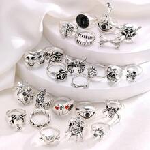 24pcs Gothic Bone Mixed Blood Ring Set Punk Gram Butterfly Frog Female Male Jewelry Hip Hop Party Street Ring Accessories Gift - 復古銀色 - 查看 4