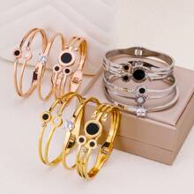 3pcs/1set Diamond Encrusted Double LOVE Link Stainless Steel Women Bracelet, Fashionable Roman Rope Style Wristband, Gift - Roman Set - View 16