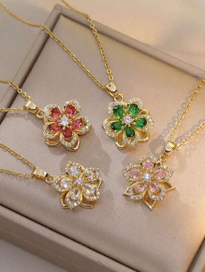 1piece Teen Five-Petaled Flower 360° Rotating Pendant Necklace, Elegant And Luxurious, Niche Design