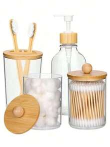 4-Piece Bathroom Wash Set With Minimalist Stripe Design Includes Hand Sanitizer Bottle, Rinse Cup, Toothbrush Holder & Soapboard Back-To-School Home Bathroom Decorating Bathroom Must-Have Combo! The Set Includes A Cute Swab Organizer To Keep Your Swabs Organized And Dry. It Also Comes With Shampoo And Body Soap Dispensing Bottles. Perfect For Organizing Your Bathroom Counter And Making Bath Time More Convenient.
