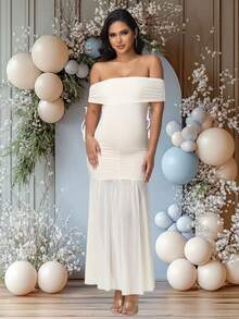 JustVH 孕妇露肩连衣裙，网纱领口，鱼尾裙摆，适合迎婴派对，优雅弹力连衣裙，女士摄影服装 - 杏色 - 查看 5