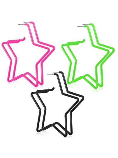 3 Pairs/Sets Of Vintage Fluorescent Oversized Five-Pointed Star Earrings Suitable For Women's Costume Parties And Daily Wear