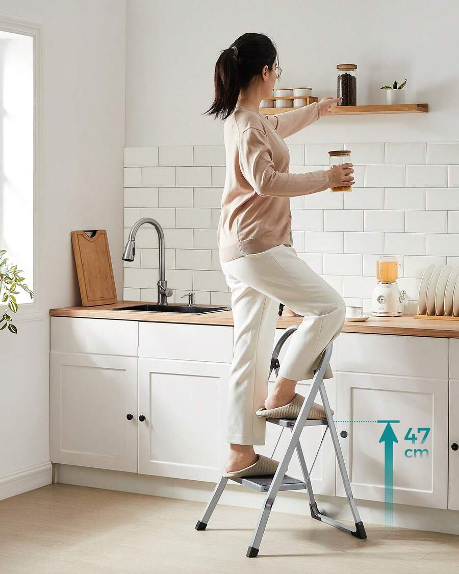 SONGMICS Step Ladder, 2-Step Ladder, Folding Ladder, Lock, Space-Saving Storage, Holds Up To 150 Kg - Grey - View 1