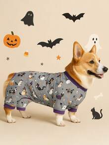 1 Stück süßer Halloween Muster Haustier Pyjama, geeignet für kleine und mittlere Hunde, Jungen und Mädchen, weich und dehnbar, Hundekleidung für Bichon, Yorkshire Terrier und Französische Bulldogge
