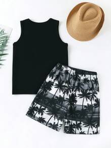 2pcs/Set Casual Boys' Tree Print Sleeveless T-Shirt And Elastic Waist Hawaii Shorts - Black - View 3