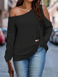 Women's Solid Color Casual Cold Shoulder Top, Plus Size Stretchy Loose Comfortable Style, Basic Suitable For Daily Casual And Commuting Wear