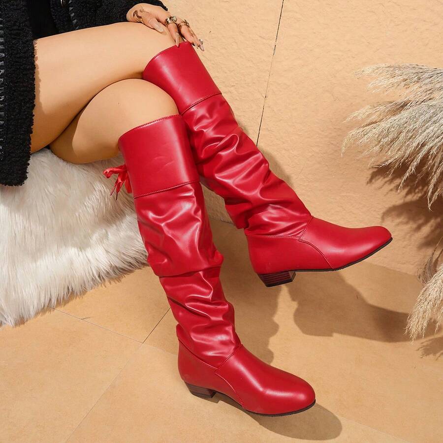 Women's High-Top Sports Outdoor Boots, Casual Mid-Calf Boots, Narrow-Leg Riding Boots, Autumn And Winter Styles, Non-Over-The-Knee Boots, Flat Boots: Soft Leather Wrinkles, Lazy And Advanced / - 紅色 - 查看 1