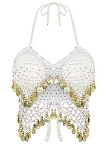 Women Halter Bra Tops Sequin Beads Tassel Lace-Up Belly Dance Crop Top Boho Festival Bellydance Performance Costume Dancewear - Multicolor - View 14