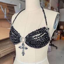 Glossmoon European And American Style Black Cool Cross Pendant Bra Chain Sexy Multi-Layer Beaded Body Chain Light Luxury High-End Beachwear Sexy Elegant Accessories - 黑色 - 查看 3