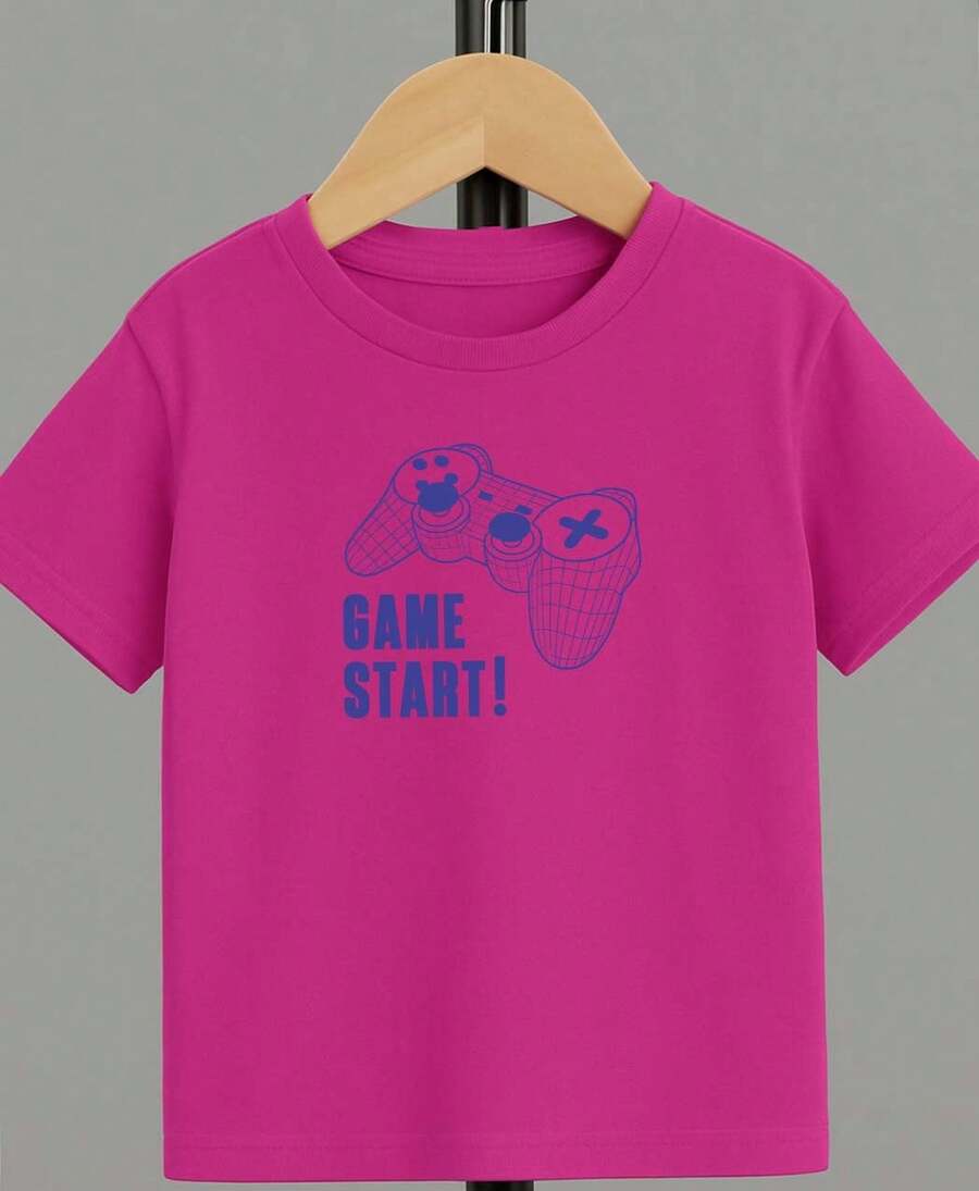 Camiseta para niño de 4 a 15 años de cuello redondo y manga corta con diseño de GAME START, casual y creativa para niño - Rosa Fucsia - Ver 1