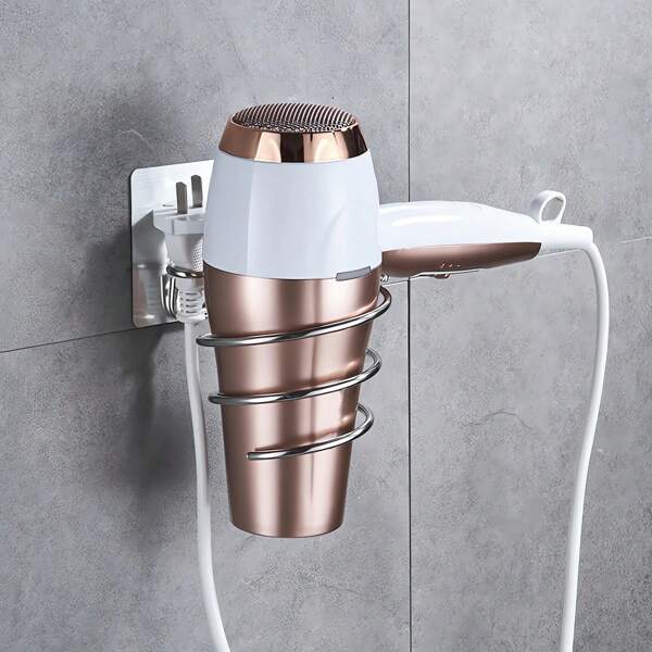 1 pieza Soporte de pared para secador de pelo, soporte de pared multifuncional para taza de agua sin necesidad de perforación, fácil de instalar, organizador de almacenamiento de baño de acero inoxidable
