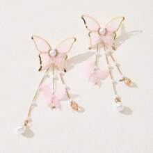 2 Pièces Boucles D'oreilles Pendantes Élégantes En Dentelle, Strass, Perles Fausses Et Papillon Avec De Longues Franges Pour Un Port Quotidien Pour Femme, Style Européen Et Américain