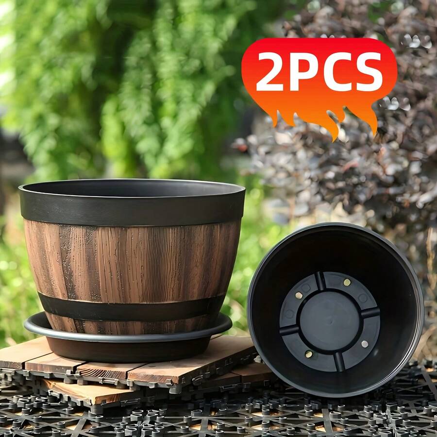 Vintage Whiskey Barrel Planter - Resin Stripe Pattern, Set Of 2 Oval Plastic Planters With Drainage Holes And Trays, Suitable For Herbs And Succulents, Suitable For Indoor And Outdoor Use - 復古中號 - 查看 1