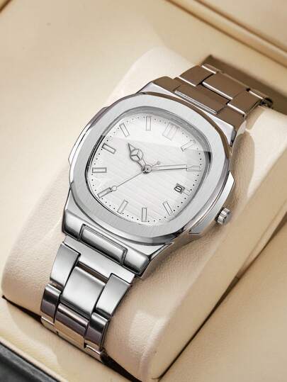 1pc Square Dial Calendar Stainless Steel Quartz Business Wrist Watch, No Horloge Box Included