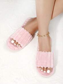 女士时尚蓬松毛绒拖鞋、伴娘拖鞋、冬季轻便室内平底家居拖鞋、毛茸茸的鞋子 - 粉色 - 查看 2