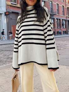 黑白撞色圆领宽松套头毛衣，女士新款秋冬简约休闲通勤针织衫，万圣节、圣诞节、新年皆宜 - 黑與白 - 查看 6