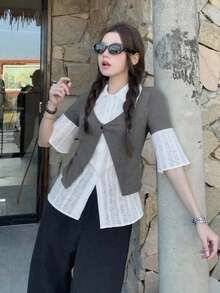 Fashionable Flare Sleeve Shirt Blouse, 2 In 1 Early Spring Women Cardigan - Grey - View 4