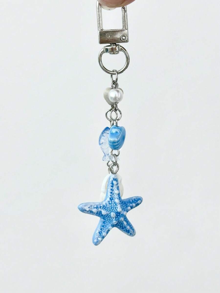 1pc Unisex New Handmade Ocean Style Starfish, Small Fish, Phone Lanyard, Camera Strap, Keychain Pendant Gifts For Mother, Father, Graduation, And Teacher - Blue - View 1