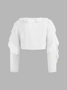 Truni Elyhuante_03 Plus Size Women Spring/Summer Elegant Vacation Solid Color Ruffle Patchwork Long Sleeve Casual Shirt, For Pear Triangle Body Shape - White - View 3