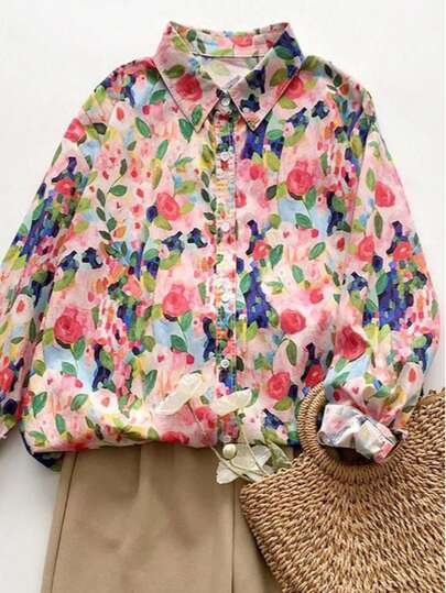 Allover Print Casual Retro Loose Fit Long Sleeve Blouse For Women, Spring