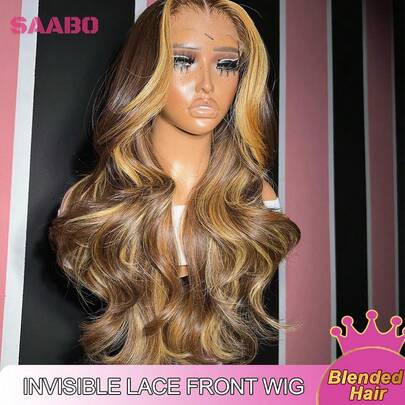 30 Inch Highlight Lace Front Wigs Human Blended Hair 4/27 Ombre Honey Blonde Wigs For Women 13x4 Frontal Lace HD Transparent Lace Wig 200% Density Colored Blended Hair Wig Pre Plucked Wig With Baby Hair