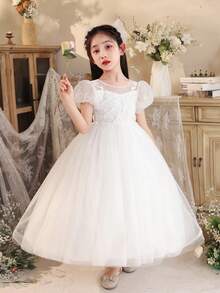 Girls' White Tulle Skirt, Flower Girl Dress For Wedding, Holiday, Party - White - View 3