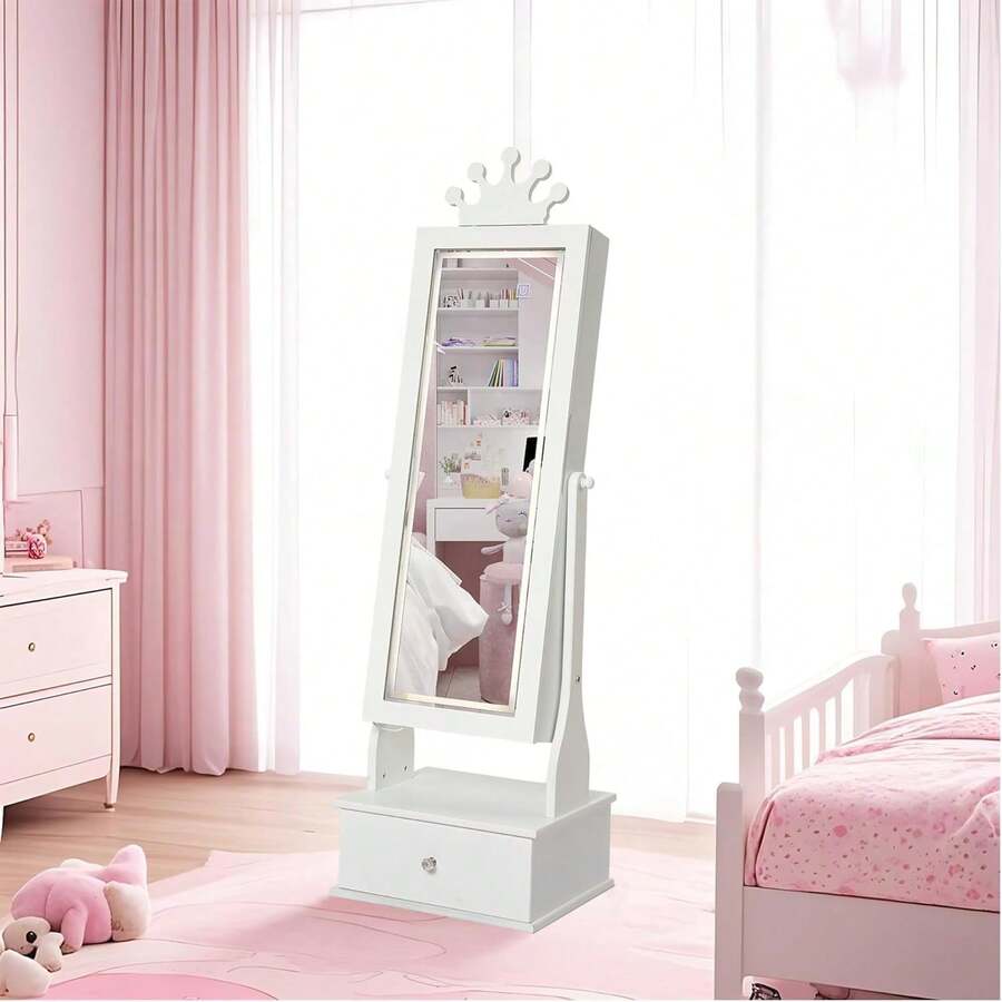 Armario de joyería para niños,Armario de Joyas Infantil con Espejo de Cuerpo Entero - Organizador Freestanding con 3 Cajones, Tocador para Vestirse de Niñas, Regalo Especial Cumpleaños/Navidad - Blanco - Ver 1