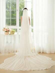 1 件简约米色亮片蕾丝边新娘面纱，花瓣形状柔软网眼婚礼发饰