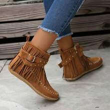 Fashionable Tassel Women's Ankle Boots, Tassel Decoration, Side Zipper, Versatile And Comfortable, Suitable For All Seasons, Suitable For Casual Or Formal Occasions - 棕色 - 查看 5
