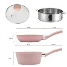 6.3英寸带盖煎锅和炖锅，粉色不粘锅具套装，适用于煎蛋、加热牛奶、蒸包子，单人份，适用于燃气灶和电磁炉 - 粉色 - 查看 12