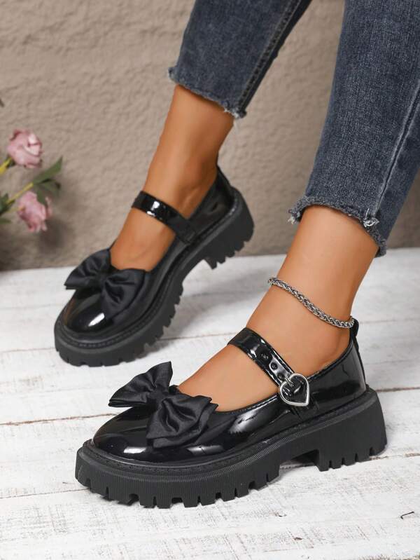 Women's Bow Decor Thick Sole Casual Pointed Toe Slip-On Loafers, Black, Elegant Flats For Daily Wear, Spring & Autumn