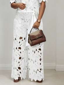 (1piece)Women's Solid-Color Sexy Cut Out Large-Flower Embroidered Lace Up Wide-Leg Pants,Casual Long Pants, No Top,Gothic Style