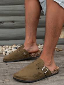 男士穆勒鞋，新款春季复古休闲一脚蹬鞋，宽松舒适，闭趾平底穆勒鞋，配有可调节绑带，有四季皆宜的非抓绒款和秋冬季保暖款可选。 - 軍綠色 - 查看 3