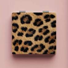 Leopard Print Small Mirror - Flip-Top Double-Sided Portable Makeup Mirror With Anti-Drop Glass Surface, Powder-Coated Black Frame & Golden-Tip Hinges, Compact Foldable Design Travel, Dorm, Vanity - Stylish & Durable Black & Golden Animal Print Mirror Women & Girls, - M596豹紋 - 查看 2