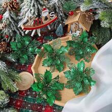 1/10pcs Glitter Poinsettia Decoration Flowers With Clips, Rose Gold Glitter Mesh Leaves Artificial Poinsettia Flowers For Christmas Tree, Christmas And New Year Holiday Decorations, Shiny Artificial Christmas Flowers For Rose Gold Christmas Tree, Wedding Table Decor (Dark Green)