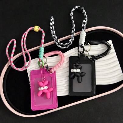 1pc Neck Strap Card Holder Bag, Dopamine Color Balloon Dog Pattern, PU Leather Material, Portable And Lightweight, Suitable For Teachers And Students, Can Hold Campus Card, ID, Transit Card, Applicable For Students, Employees And Teachers