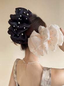 1pc 13cm Bubble Mesh Pearl Style Hair Claw Clip For Women, Elegant Multi-Layer Bow Oversized Hair Claw, Suitable For Daily Use And Wear - Multicolor - View 3