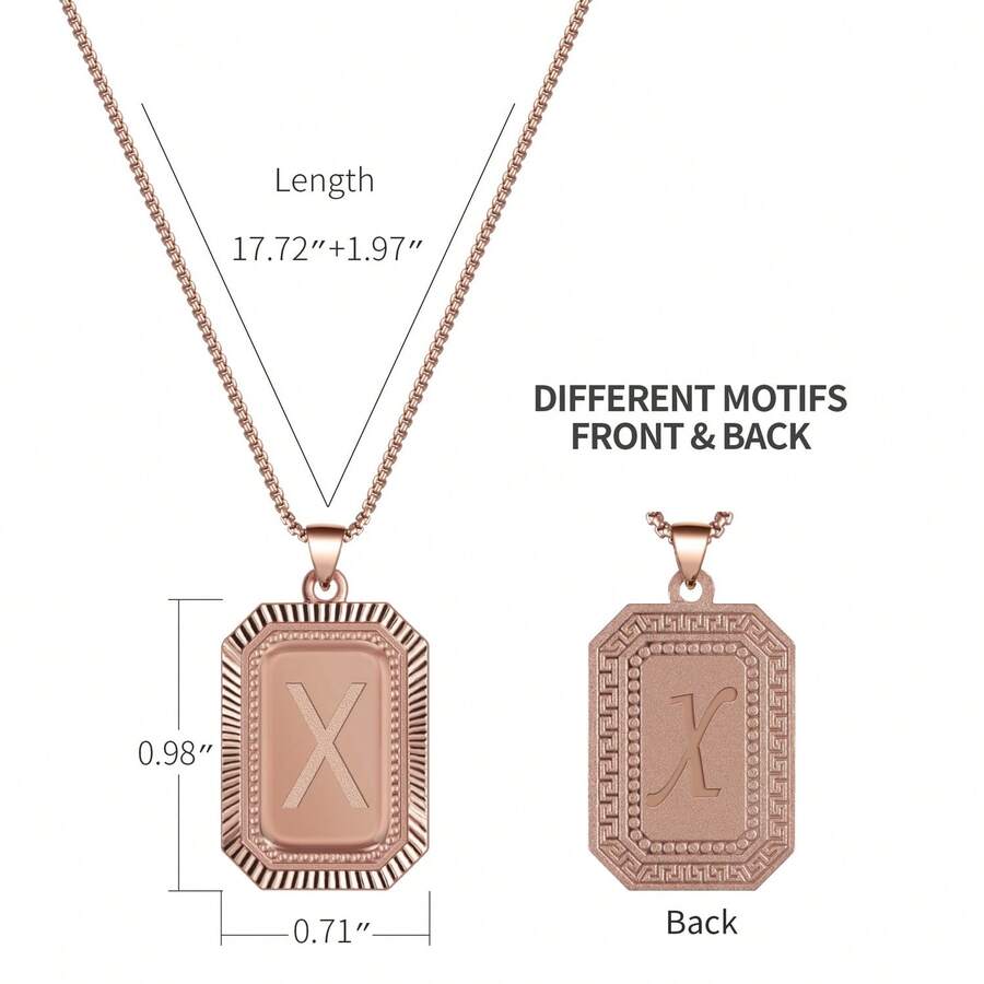 Rose/Gold-Plated Initial Necklace For Men And Women, A-Z 26 Letters Personalized Name Necklace, Random Delivery, Mystery, Square Double-Sided Engraved Pendant, Adjustable Size, Fashion Jewelry Gift - 1 件金色隨機 - 查看 1