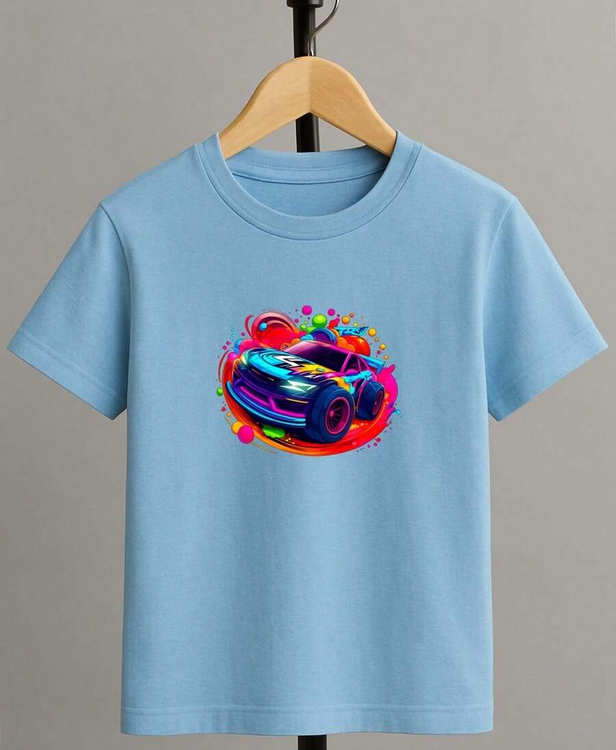 Camiseta para niño de 4 a 15 años de cuello redondo y manga corta con diseño de NEON RACER casual y creativa para niño - Azul - Ver 1