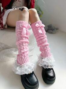 زوج من دفايات الساق المحبوكة بالكابل مع تطريز الدانتيل والفيونكة الوردية لوليتا للنساء، هدية عيد الميلاد - وردي - مشاهدة 2