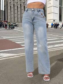 Women's Casual Loose Straight Leg Jeans, Paired With Multiple Button Decorations, Suitable For All Seasons, Including Daily Outings, Back To School Season, Back To School Season, And Rural Concerts - Rửa nhẹ - Xem 3